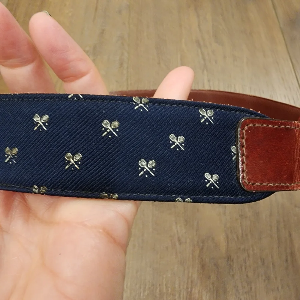 Vintage Trafalgar Belt Tennis Rackets Preppy Navy & Leather Men's size 36